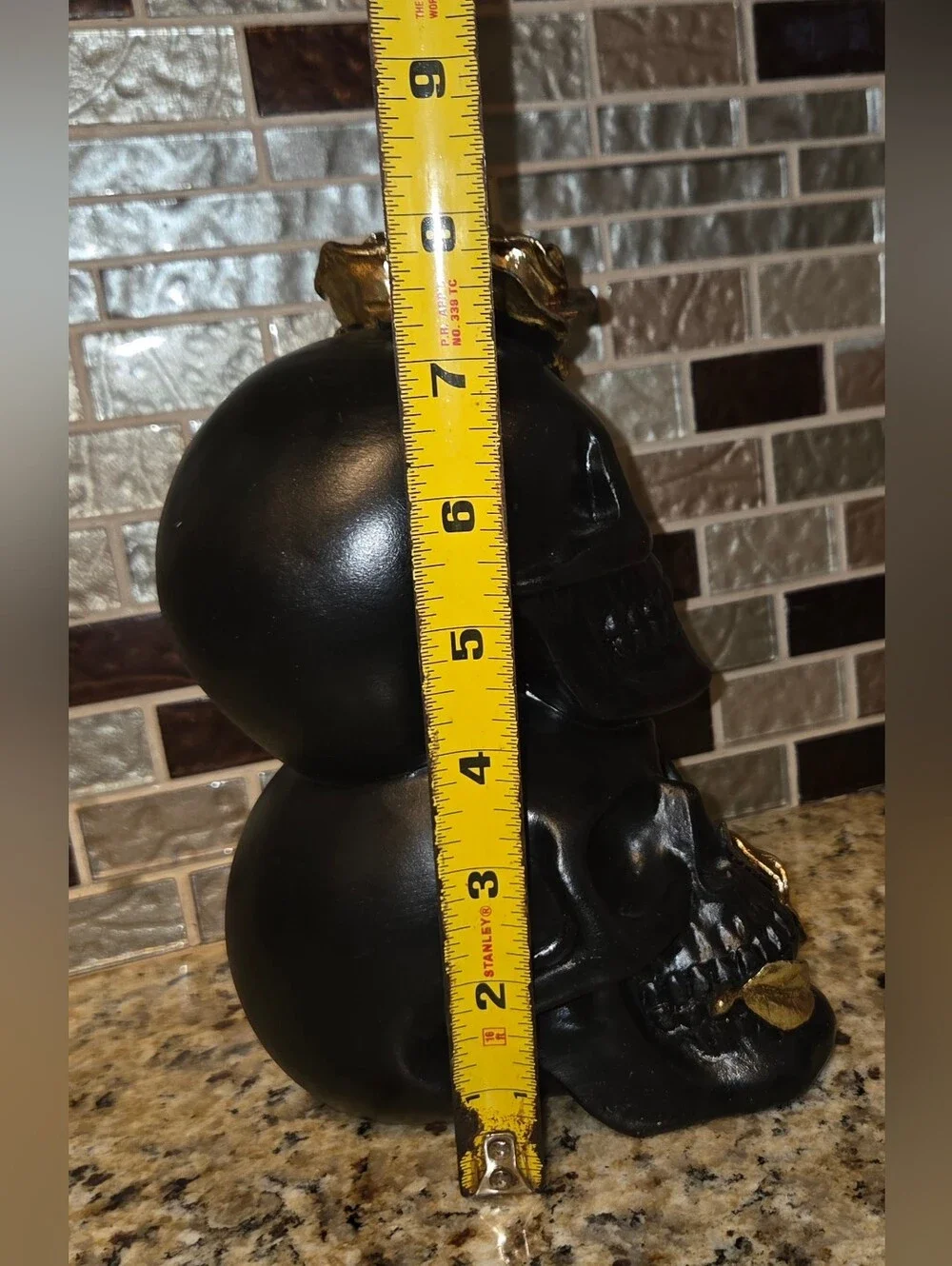 Black Resin Halloween Decorative Stacked Skull Accent with Gold Roses Decoration